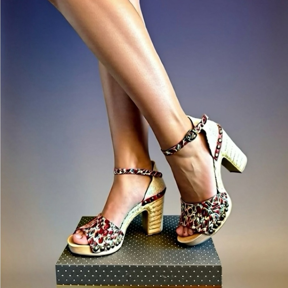 Ras Multicolor Floral Ankle-Strap Block Heels